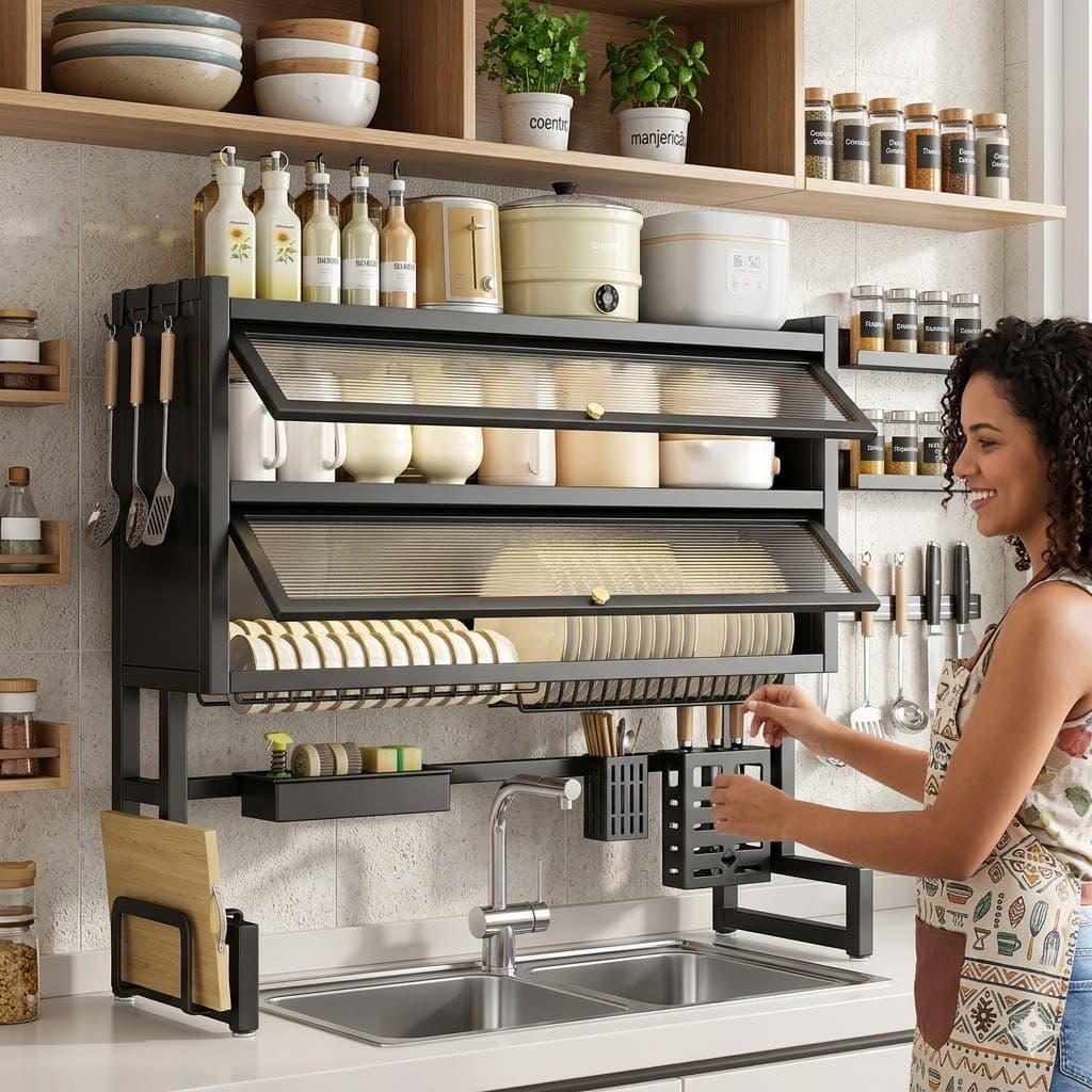 Escorredor De Louça Cozinha Suspensa Modula Pia Rack Organizador Estante Poeira Asfalto Duplo Com Porta Armário