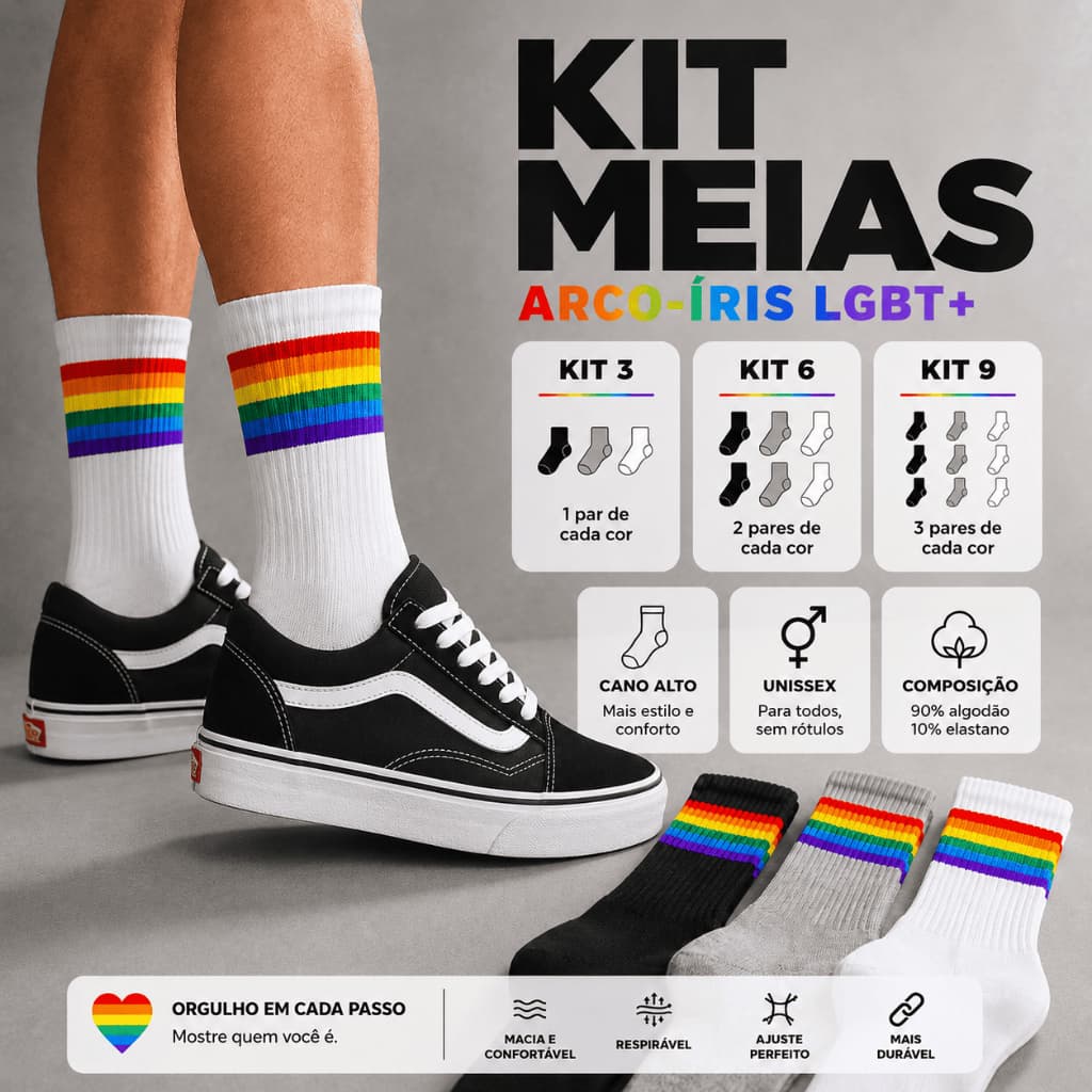 PACK MEIAS LGBT+ ARCO ÍRIS UNISSEX CASUAL TREINO KIT 3,6,9 ACADEMIA EM ALGODÃO ACABAMENTO PREMIUM