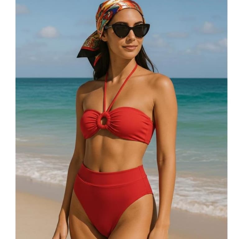 Biquíni Cintura Alta Suplex com Bojo Feminino e Detalhe Central Moda Praia