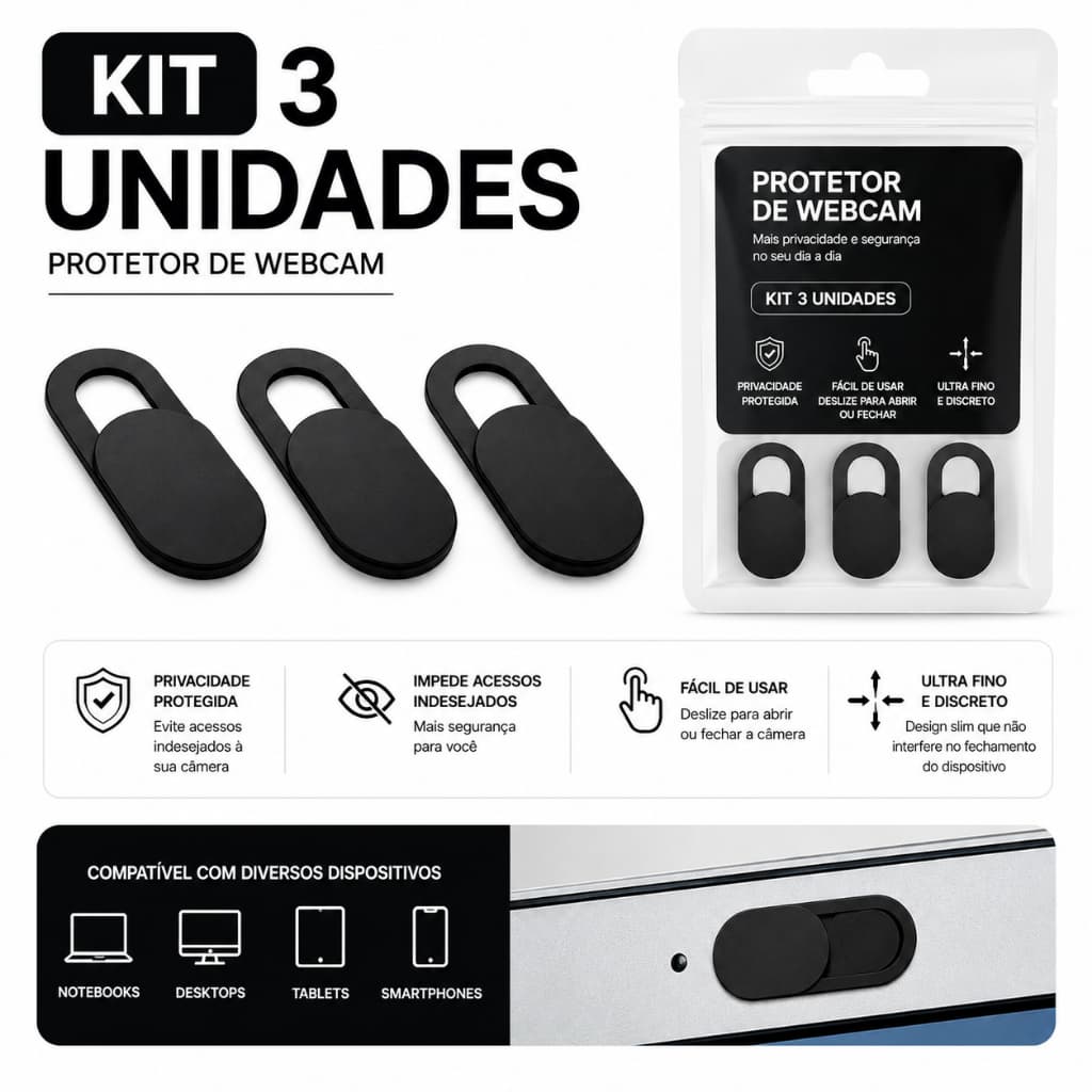 Kit 3 Und Protetor De Webcam Slim Capa Slider Notebook Celular Tablet Anti Espião Privacidade