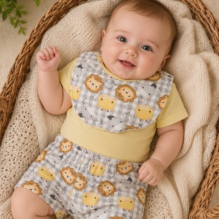 Conjunto Body Bebê Menina Menino Manga Curta Short e Babador 100% Algodão