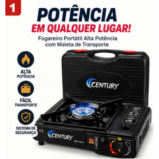 Fogareiro Portátil a Gás Century de Mesa com Maleta Acendimento Automático para Camping Pescaria e Viagens