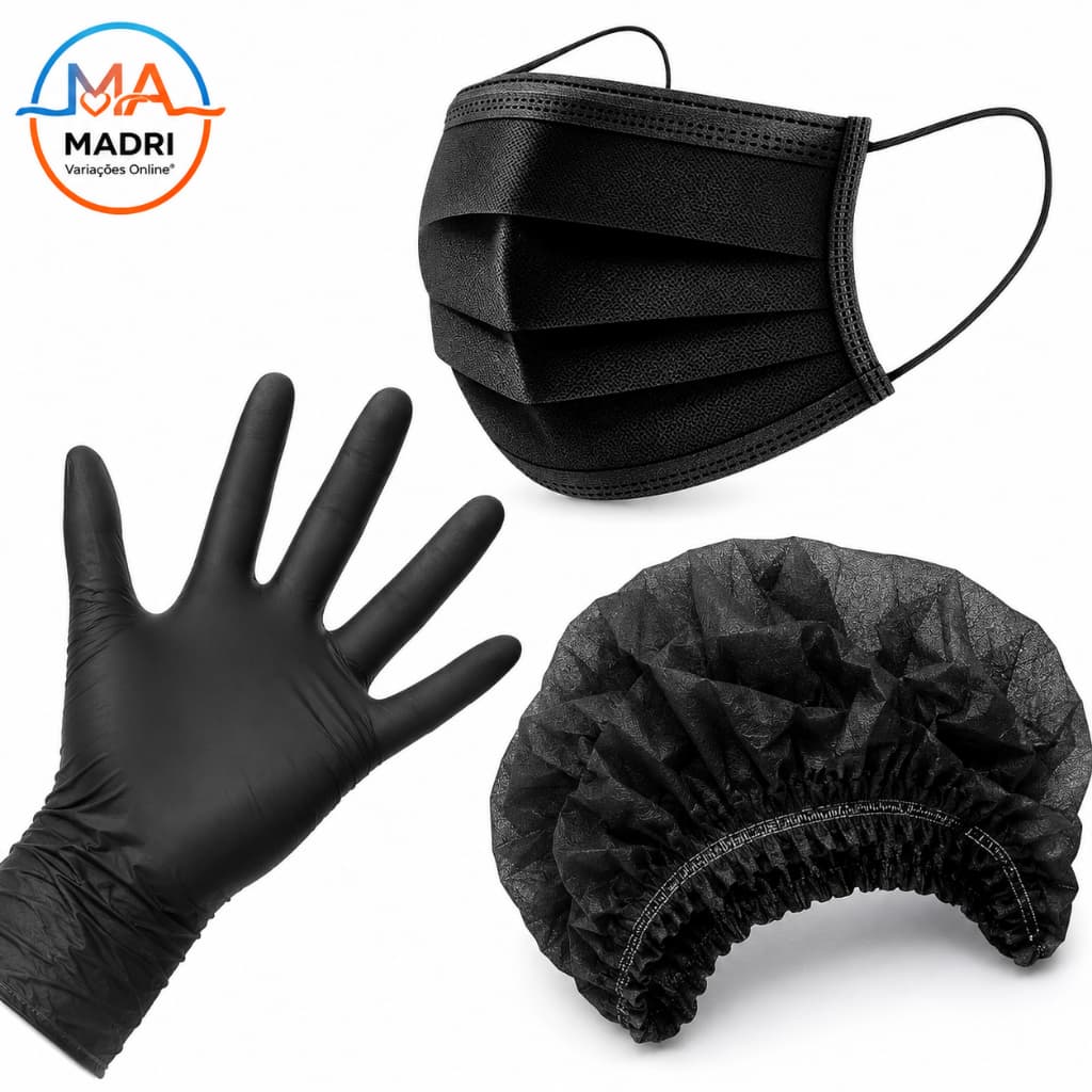 Kit 100 Toucas TNT + 100 Luvas Nitrílicas P/M/G + 50 Máscaras Descartáveis Pretas/Preto com Clipe Nasal