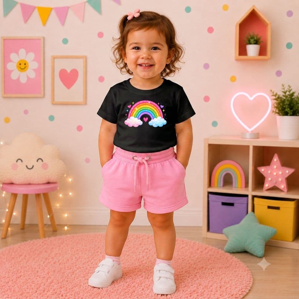 Conjunto infantil  bebes e juvenil meninas short moletom e camiseta arco iris de algodão premium