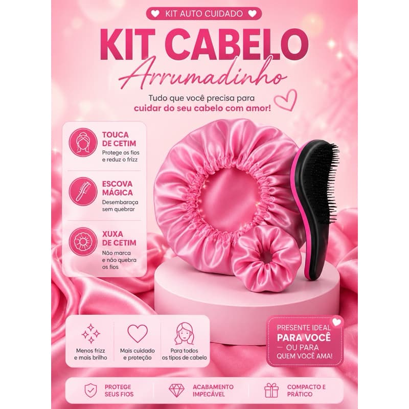 Kit Cabelo Arrumadinho Touca de Cetim + Escova Mágica + Xuxa de Cetim Anti Frizz