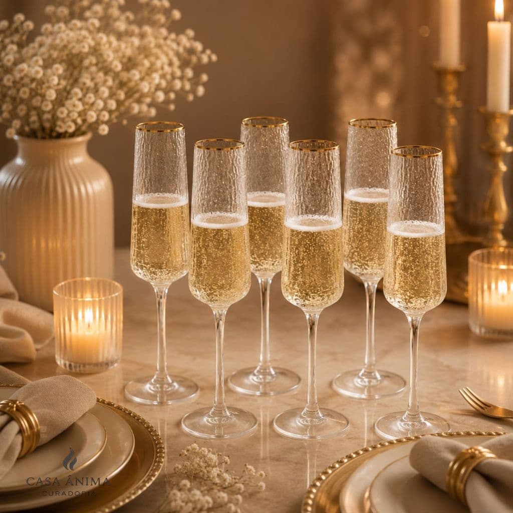 Jogo 6 Taças Champanhe Cristal Premium Fio de Ouro 300ml Lyor Kit Luxo Taças Elegantes para Momentos Especiais