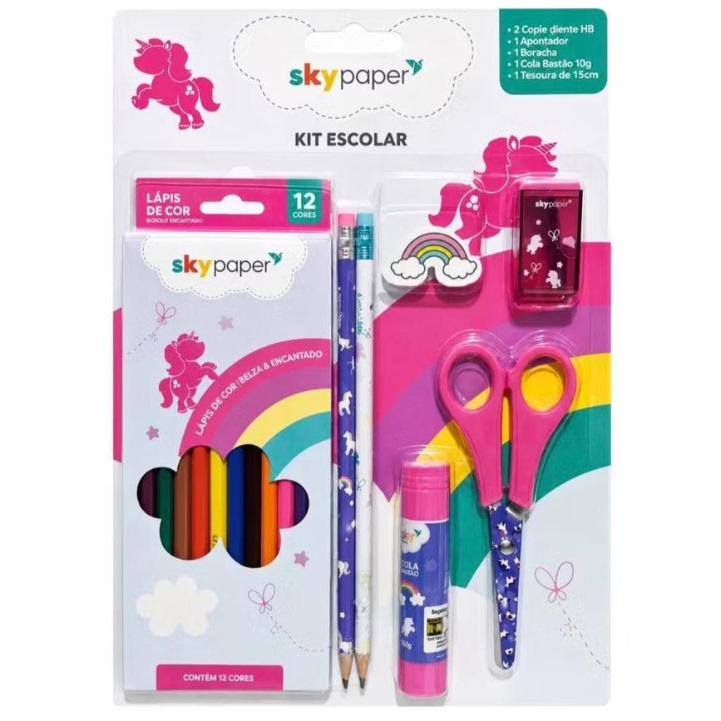 kit Material Escolar Unicornio Rosa Completo 7 Itens