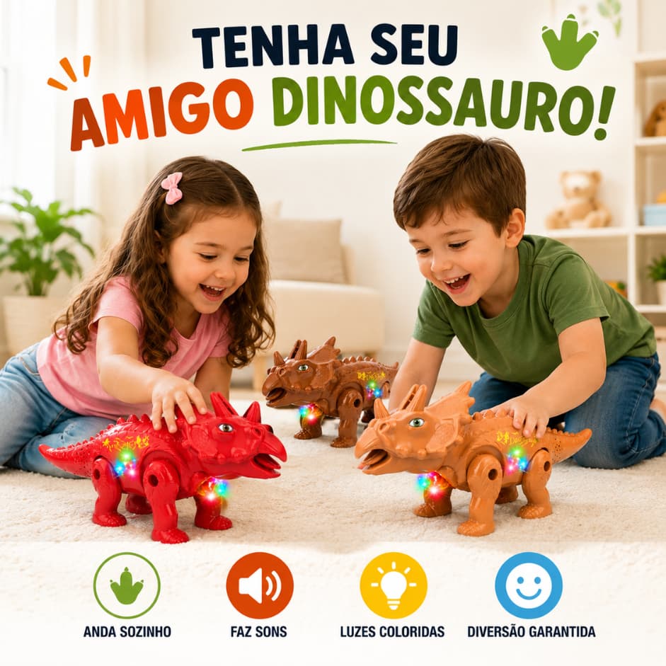 Dinossauro Elétrico Infantil Luz Som Movimento Anda Sozinho Brinquedo Interativo LED