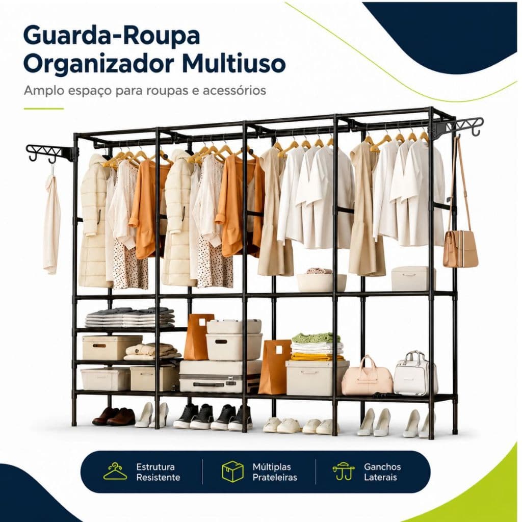 Guarda Roupa Arara Organizador 4 Módulos Cabideiro Closet Portátil Desmontável Aço Reforçado Sapateira Prateleiras