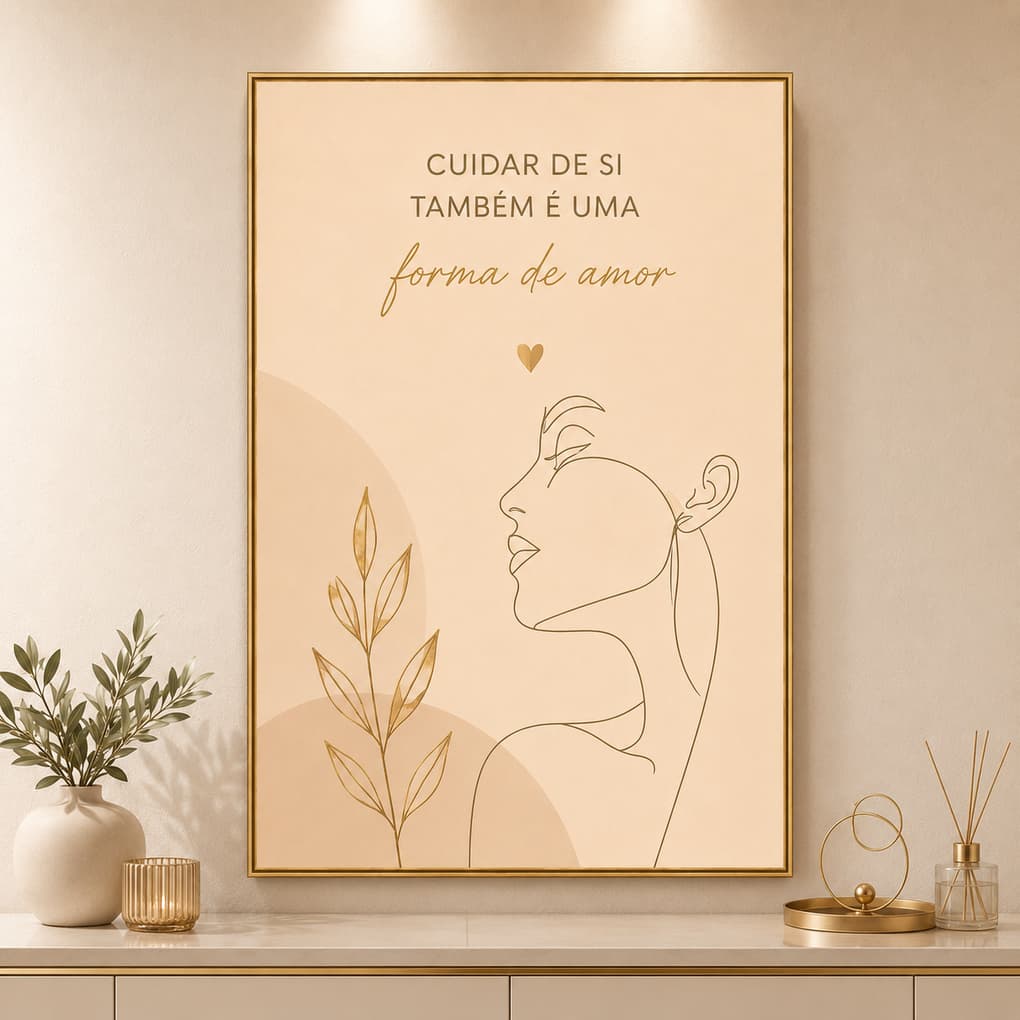 Quadro Decorativo 1 peça Autocuidado Feminino Cuidar de Si Também é Amor Bege Dourado para Salão Clínica Estética