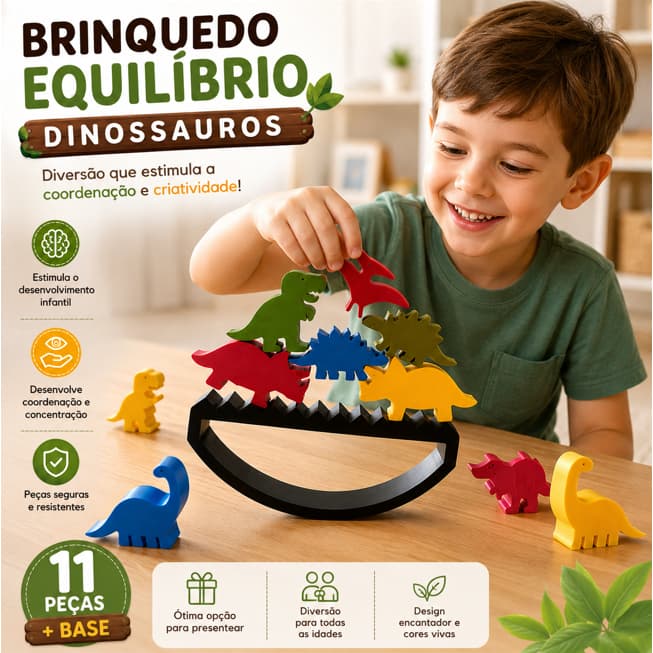 Brinquedo de Equilíbrio Dinossauros – 11 Peças + Base | Estimula Coordenação e Criatividade