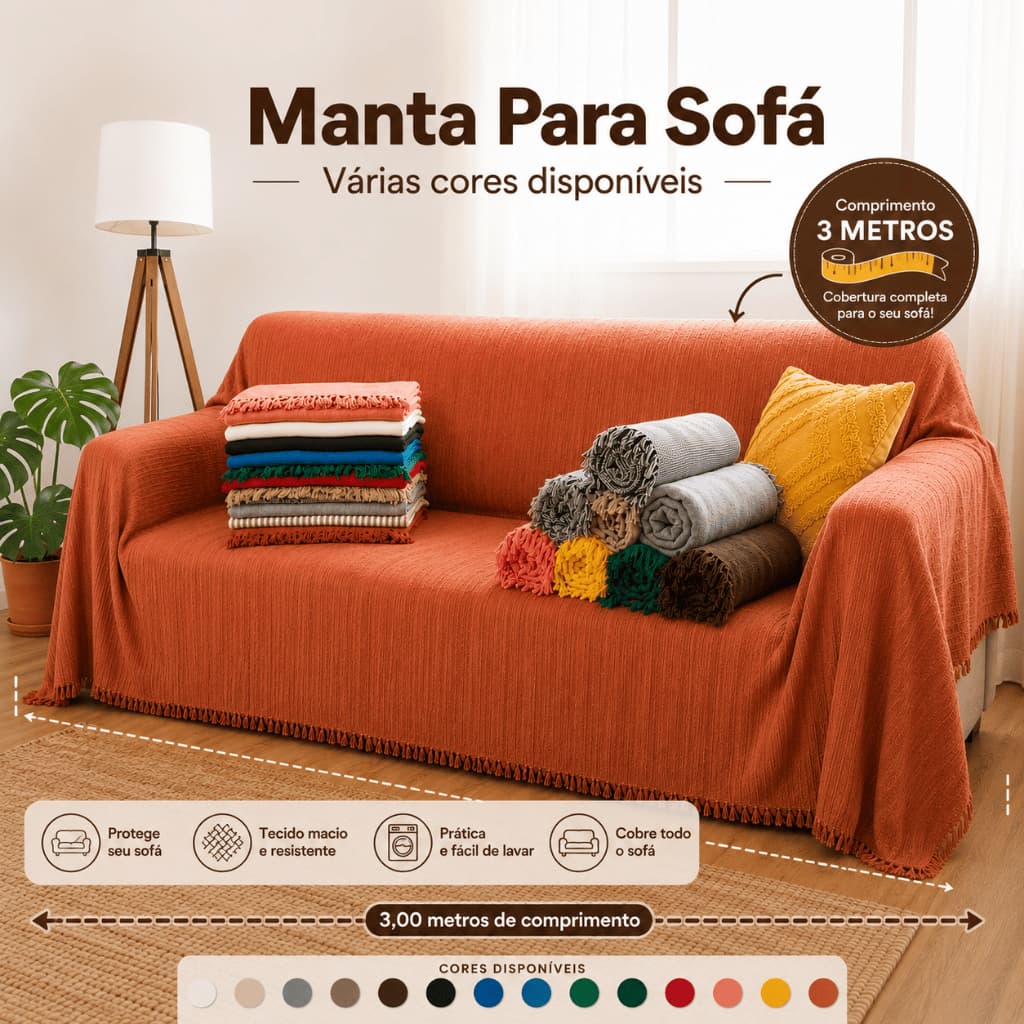 Manta Para Sofá 3,00 x 1,80 Metros Gigante King Decorativa 100% Algodão Luxo Grande Grossa 2 ou 3 Lugares