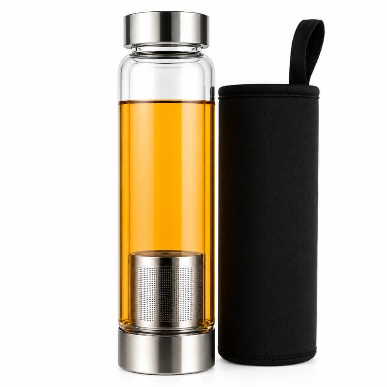 Garrafa Squeeze De Vidro C Infusor P Chá 550ml Inox + Capa Preto