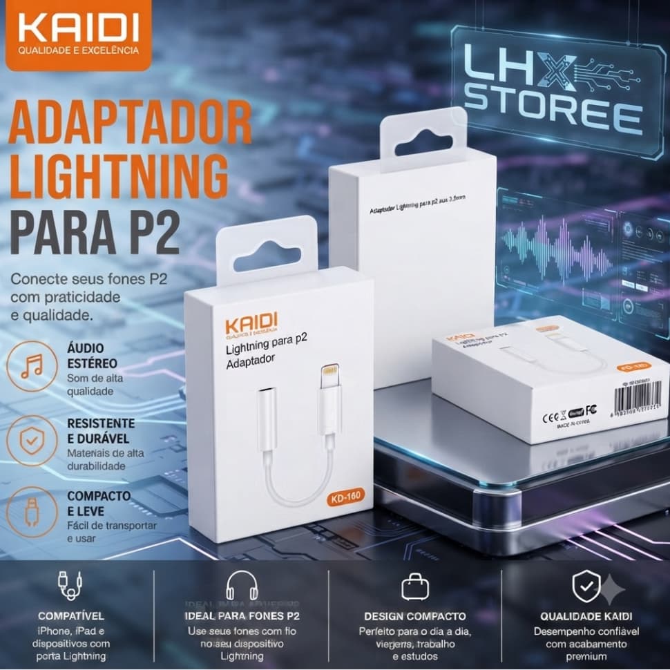 Adaptador Lightning para P2 Kaidi KD-160 - Cabo Conversor de Fone de Ouvido l para iPhone