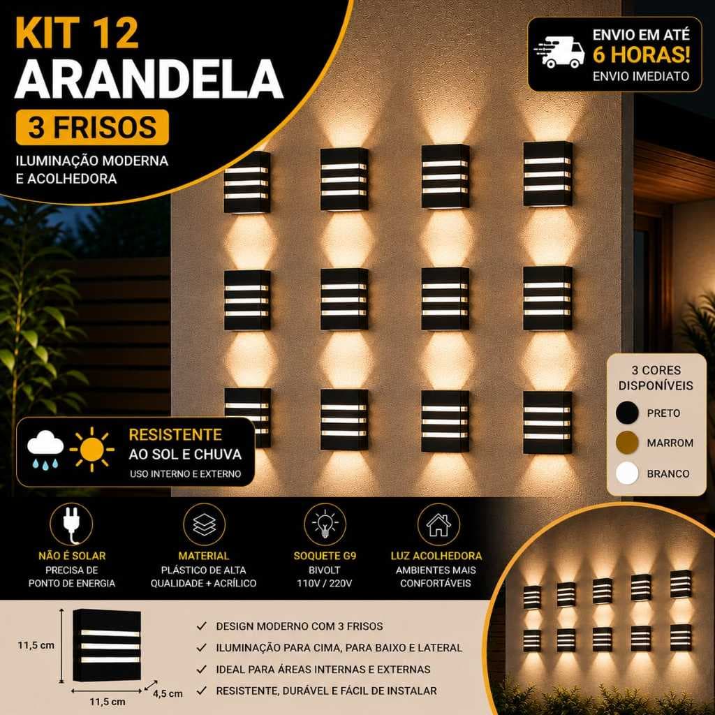 Kit 12 Arandela Luminária De Parede Slim 2 Focos 3 Frisos Uso Interno e Externo Acompanham Lâmpada Led 5w