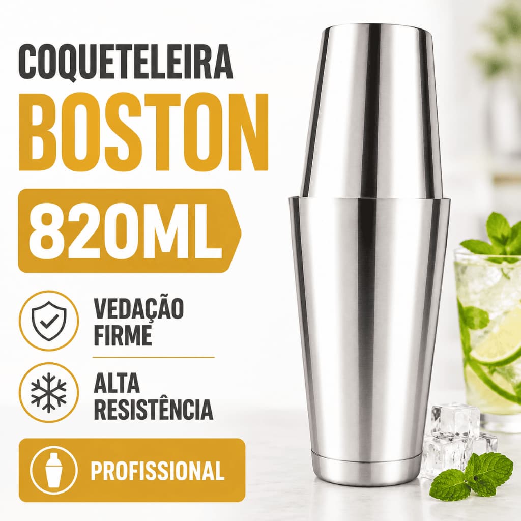 Coqueteleira Boston 820ml Inox Profissional Drinks Bartender Barman Mixologia Shaker Bar Premium Top Prestige Coquetéis