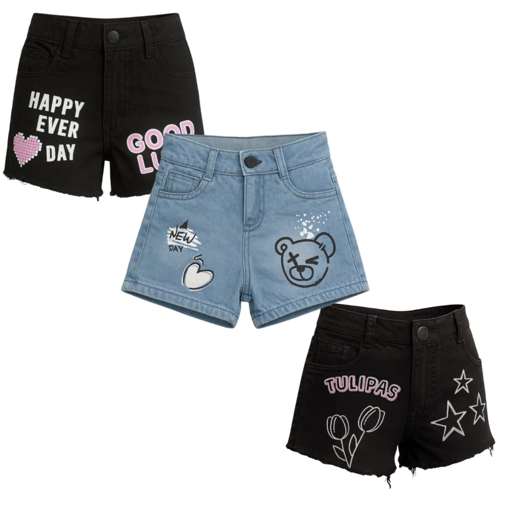 Kit 3 Shorts Jeans Estampados Menina juvenil infantil com Elastano Super Confortável