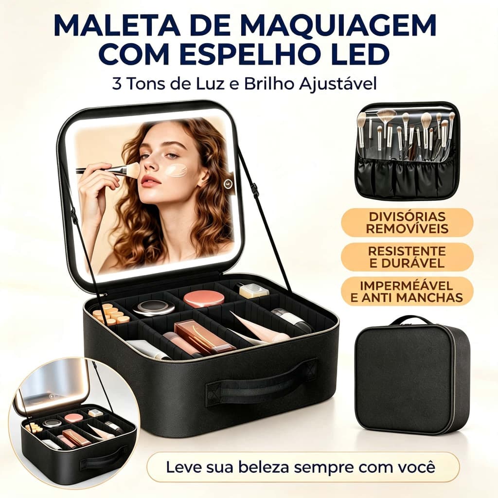 Maleta de Maquiagem com Espelho LED Luz 3 Cores Brilho Ajustável Portátil  Elegante Viagem  Eventos Maquiagem Diária