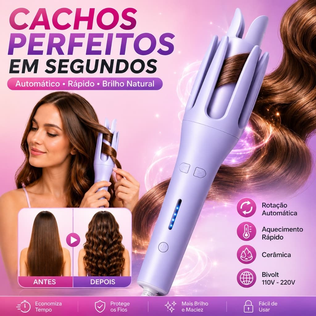 Modelador de Cachos Automático Giratório Bivolt Cerâmica Aquecimento Rápido Cachos Duradouros