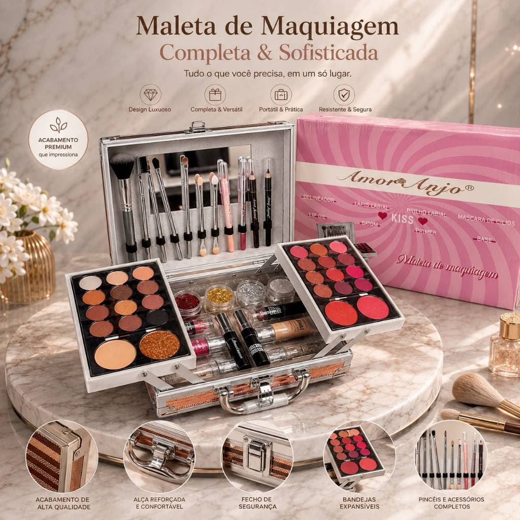 Maleta de Maquiagem Completa Profissional Kit de Maquiagem Grande com Espelho Pincéis Sombras Batom