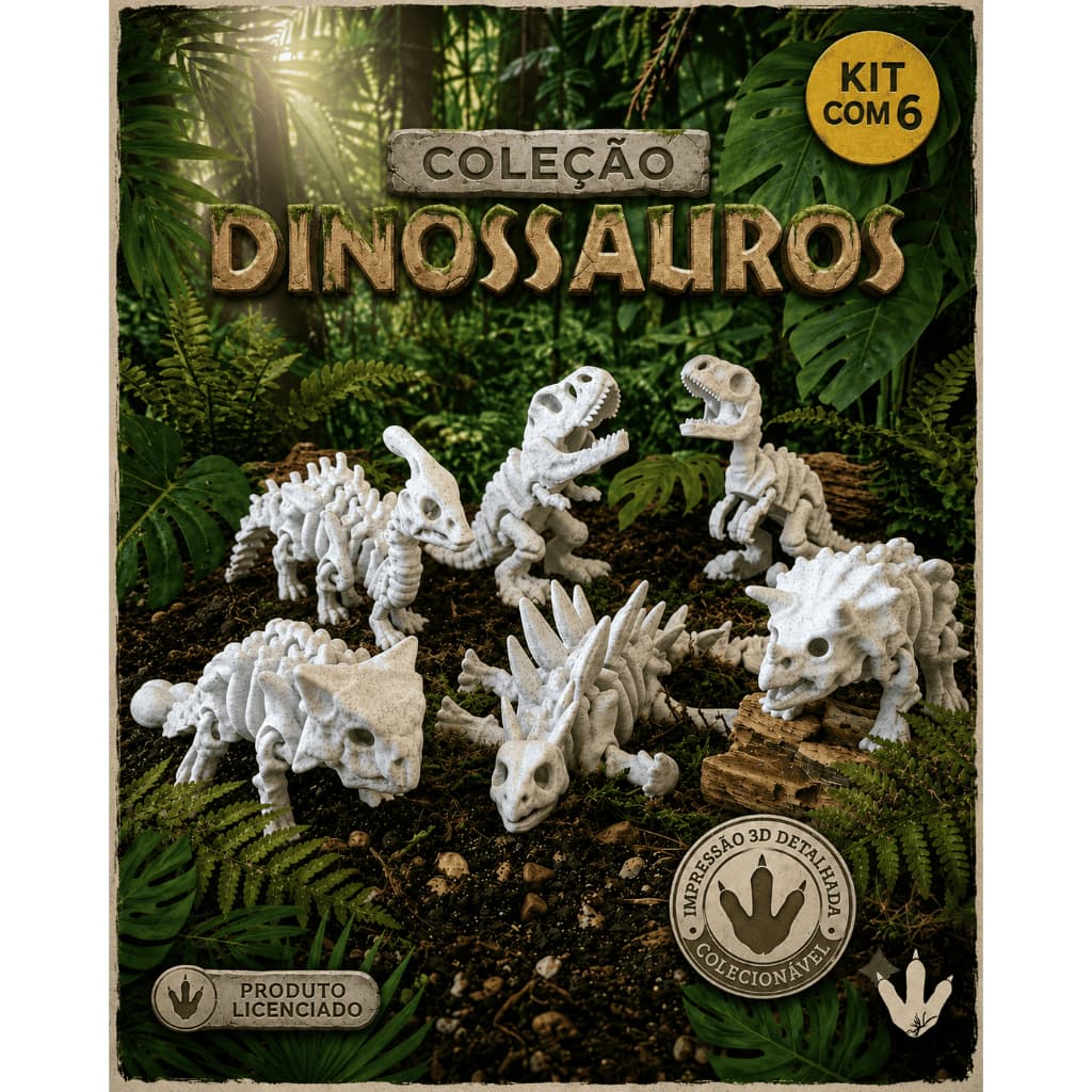 Kit 6 Dinossauros Articulados T-Rex Velociraptor Triceratops Estegossauro Anquilossauro Parassaurolofo Mini Esqueleto