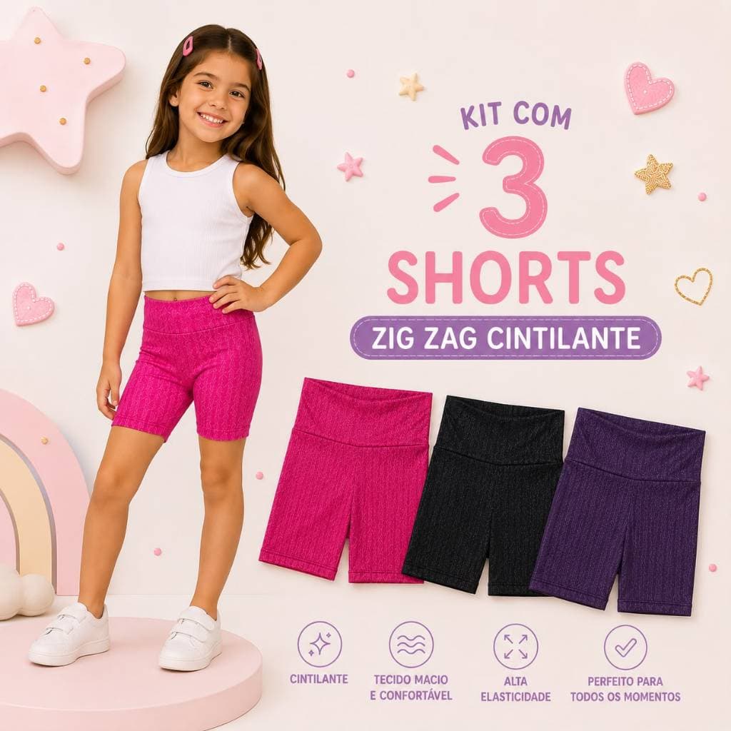 Kit Com 3 Shorts Bermuda Suplex Zig Zag Cintilante Moda Infantil