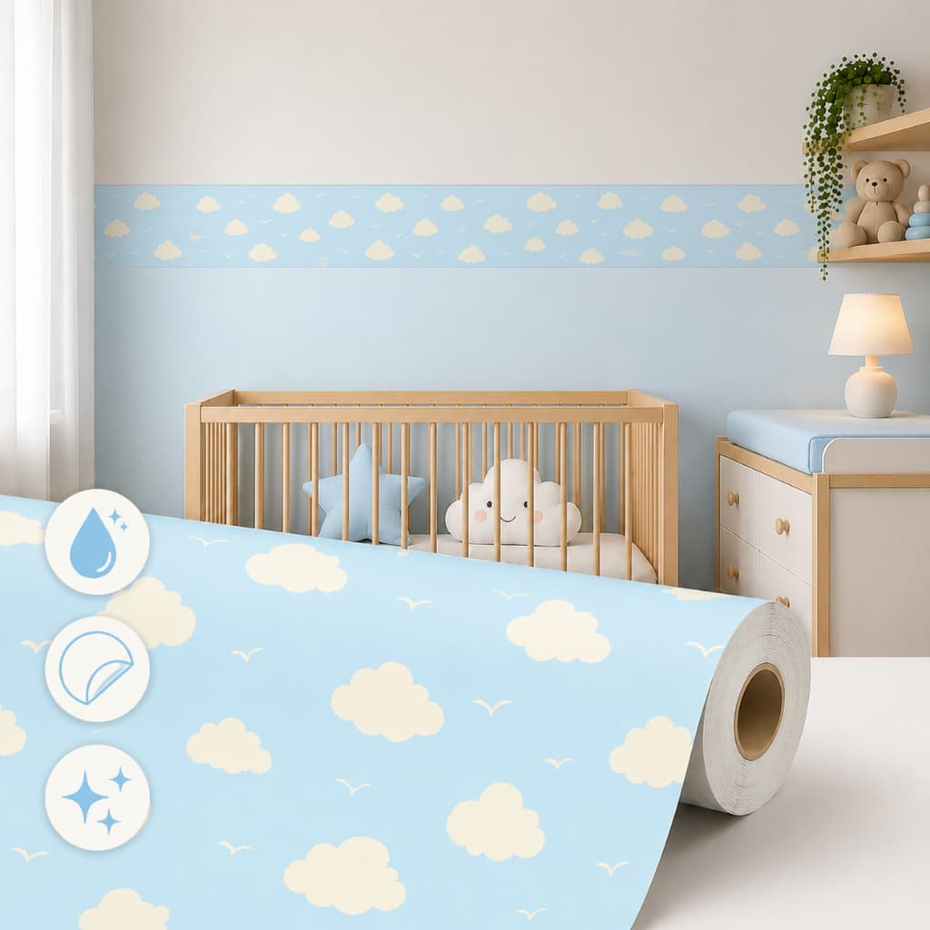 Faixa Decorativa Papel de Parede 15cm x 2m Céu Nuvens Azul Infantil Quarto Bebê Menino Border Autoadesivo