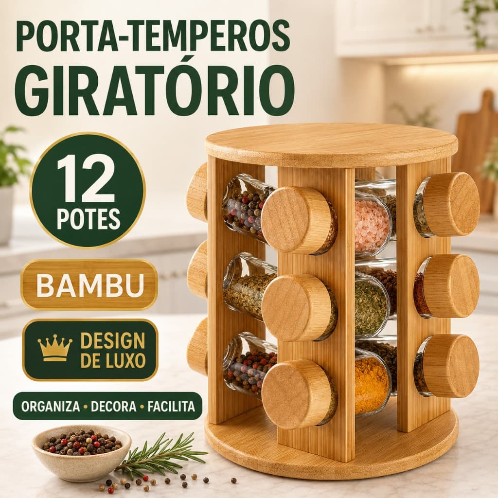 Porta Temperos Giratório 12 Potes de Vidro com Suporte em Bambu Organizador de Cozinha