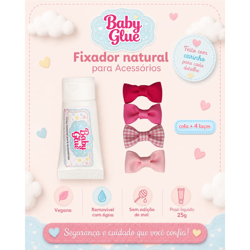 Kit Baby Glue Cola para Laço de Bebê + 4 Laços em Tons de Rosa para RN Menina, Recém-Nascida e Bebê Sem Cabelo