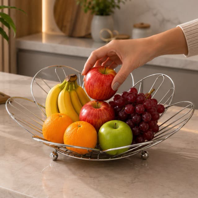 Fruteira Decorativa em Aço Inox Formato Flor Cesto para Frutas Resistente Bancada Cozinha