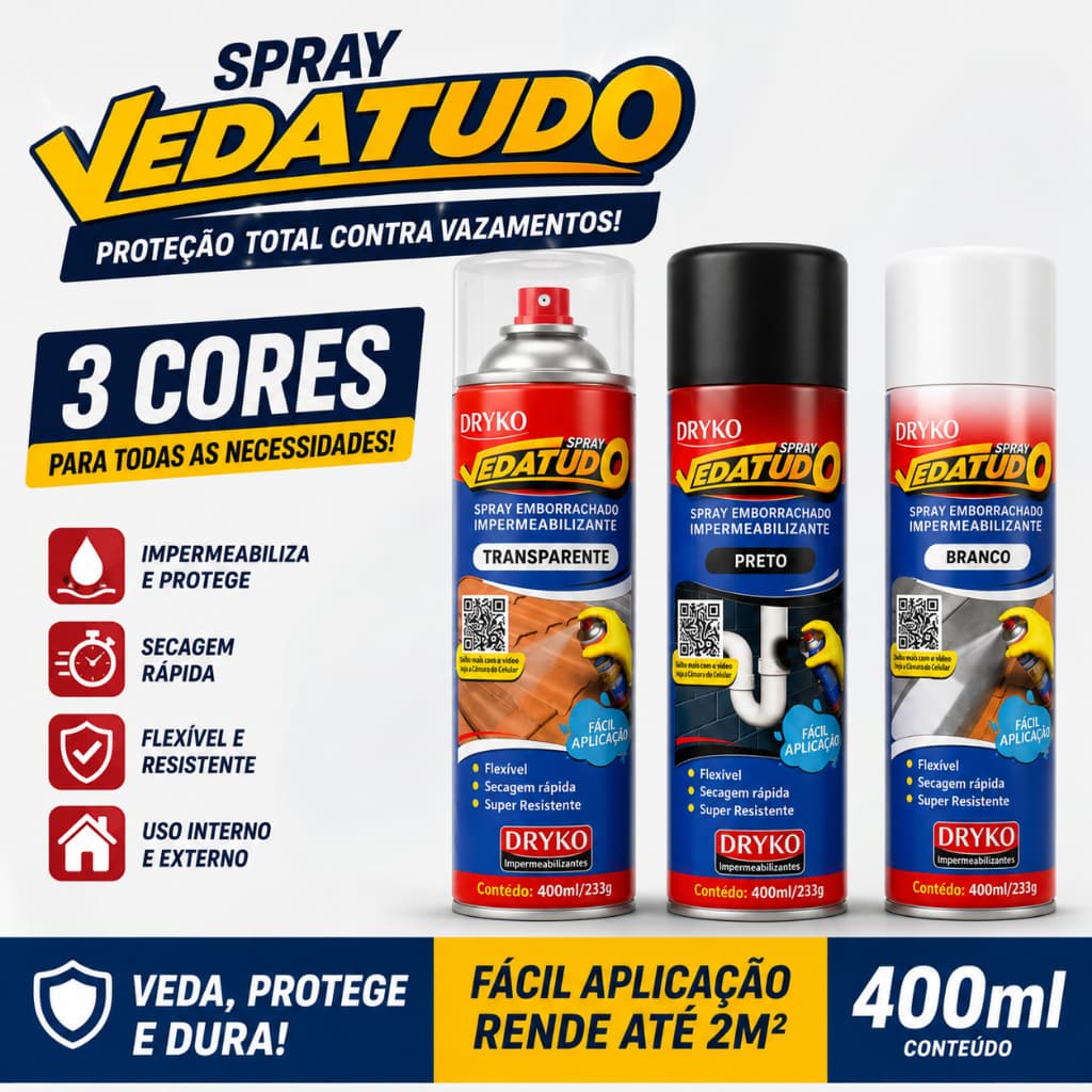 Spray Impermeabilizante Borracha Liquida 400ml Dryko Reparos Preto Branco Incolor ENVIO IMEDIATO!!