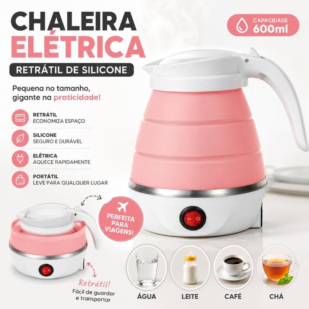 Chaleira Elétrica Retrátil Silicone 600ml Compacta Portátil para Água, Leite, Café e Chá.