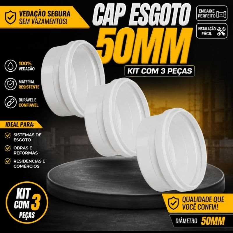 Kit 3 Peças Cap Esgoto Tampão 50mm Vedação Segura Sem Vazamentos