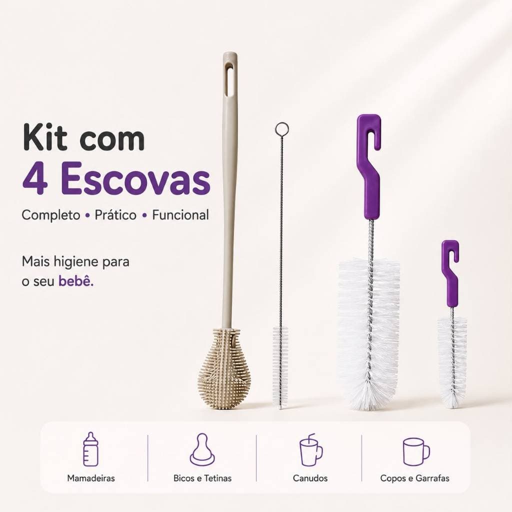 Kit Com 4 Escovas Limpeza Nylon Silicone Para Limpar Mamadeira Copo Garrafa E canudo