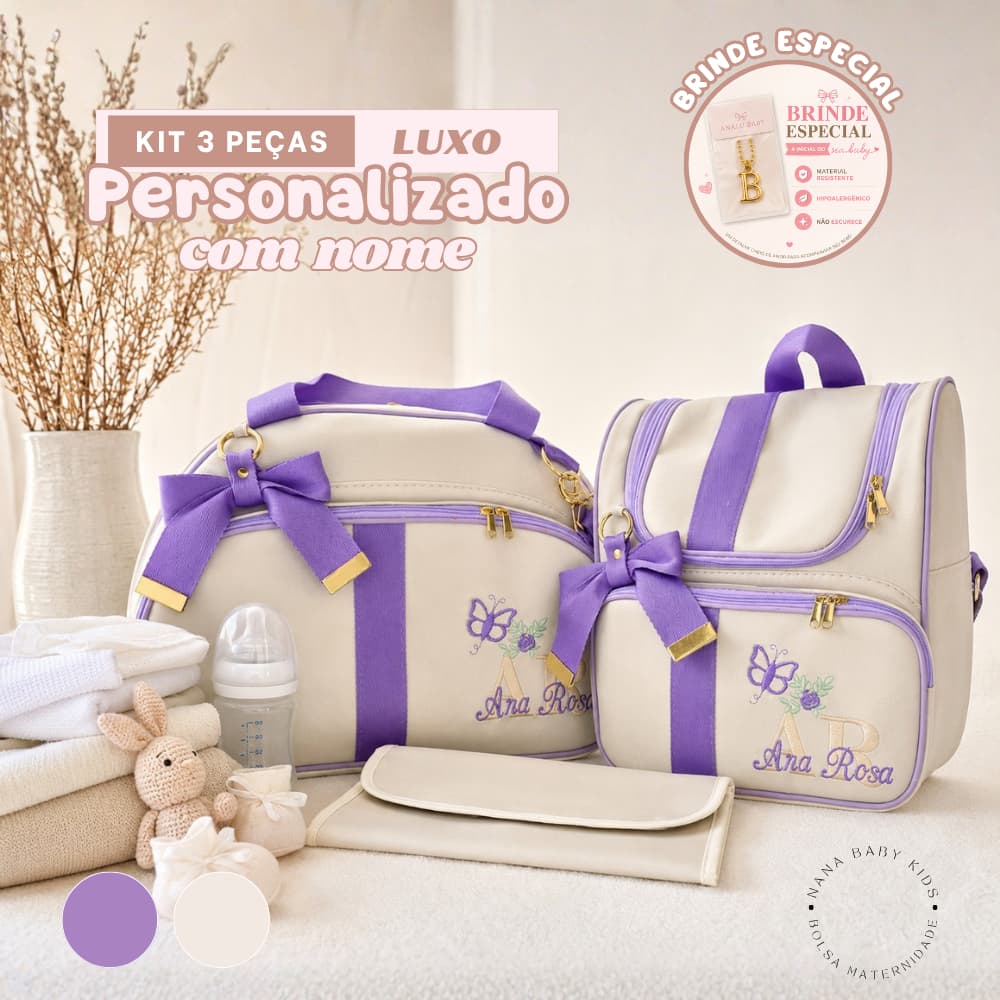 Kit maternidade 3 peças bordado personalizado com nome - MENINA (GANHA UM CHAVEIRO DE BRINDE)