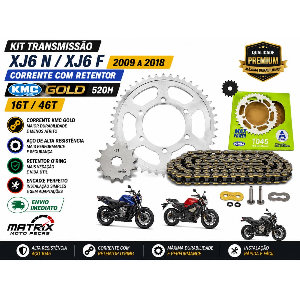 Kit Transmissão Relação Xj6 N Xj6 F 2009 ate 2018 Corrente com Retentor kmc Gold 520H 16T 46T