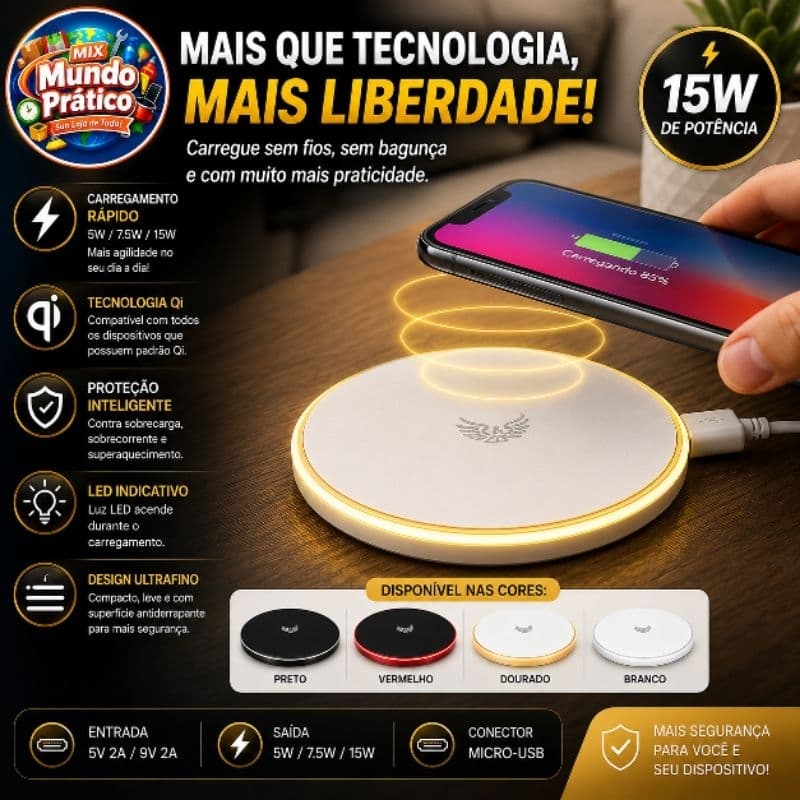 Carregador Rápido por Indução Sem Fio 15W com LED Cores Sortidas