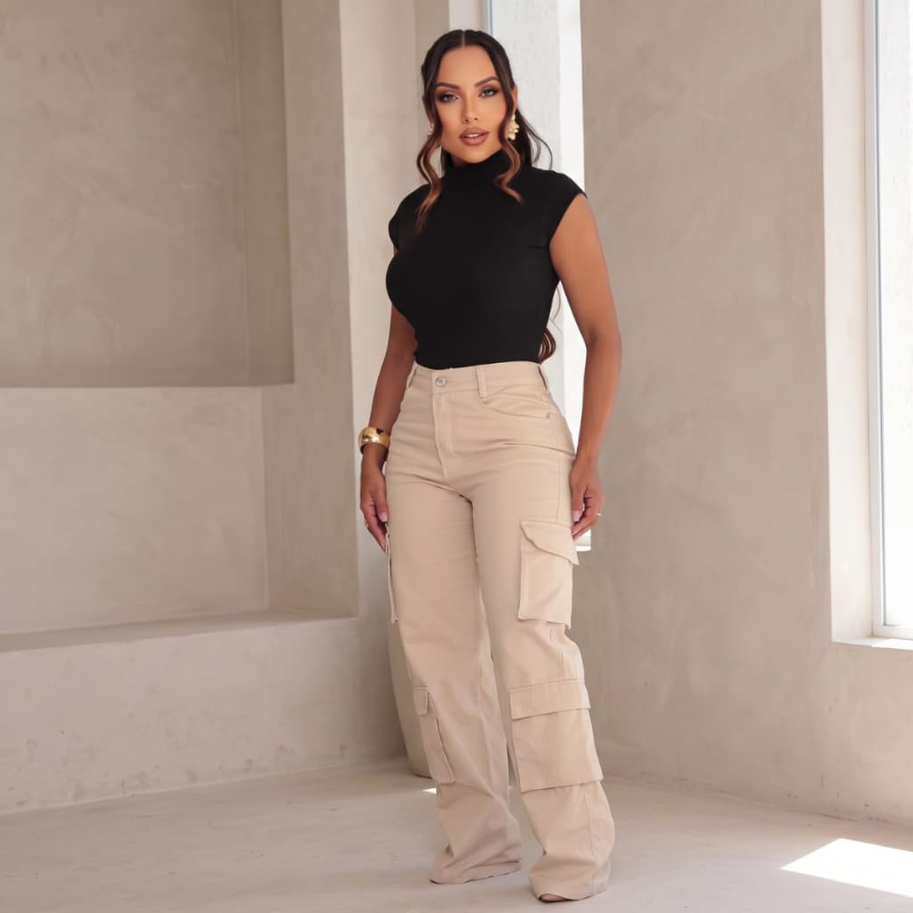 CALÇA WIDE LEG CARGO JEANS 4 BOLSOS FOLE CASUAL FEMININO