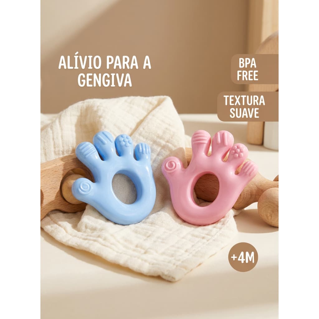 Mordedor Mãozinha Buba para Bebê Silicone Macio Massageia Gengiva 4M+ Livre de BPA