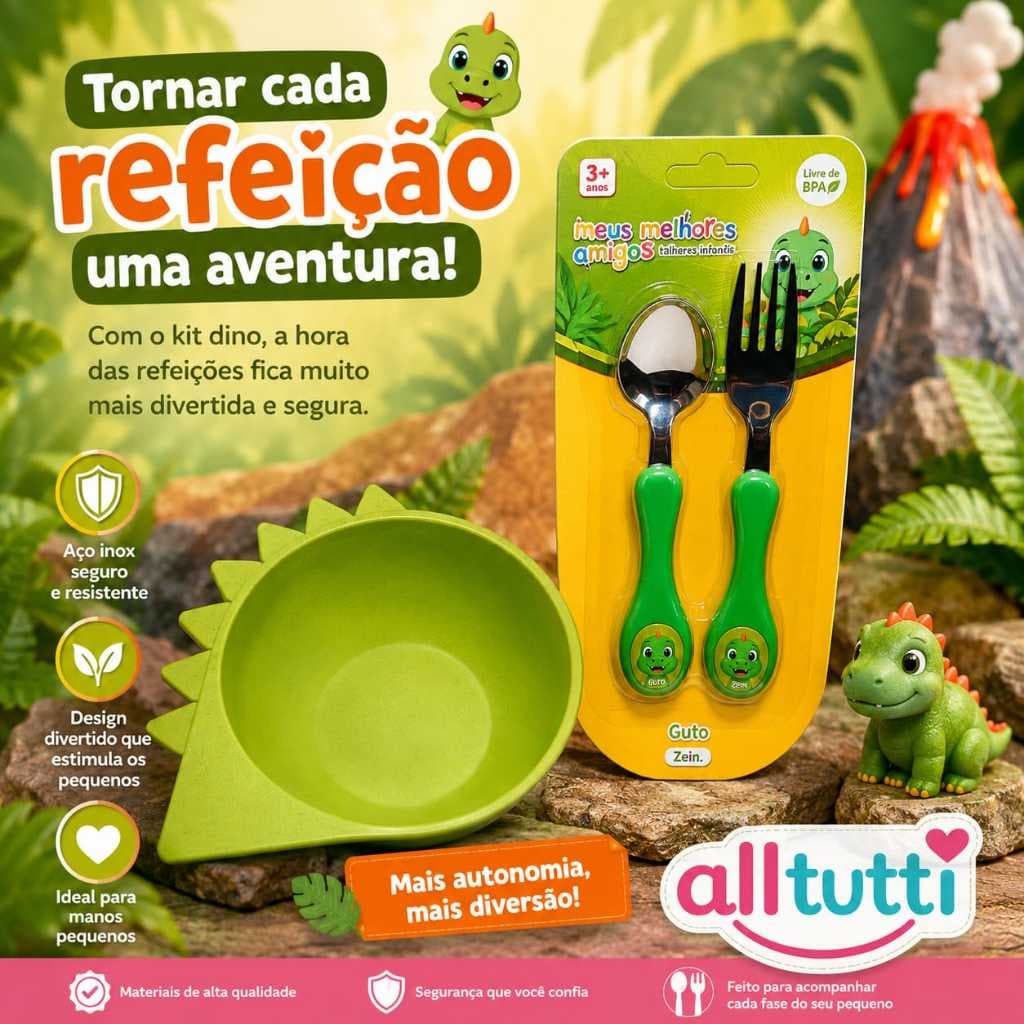 Kit Tigela Dino + Talher Inox Colher Garfo Bowl Pote Alimentação Infantil Refeição Menino Menina Bebê