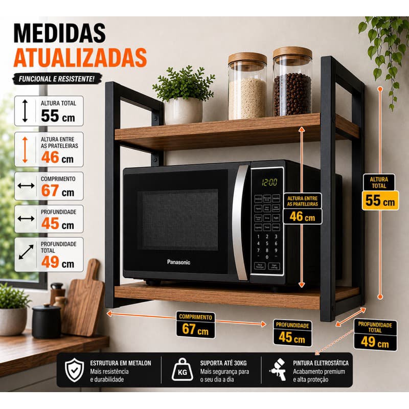 Suporte Micro-ondas e Forno Elétrico Industrial 67cm Metallon 20x20 com Prateleira MDF