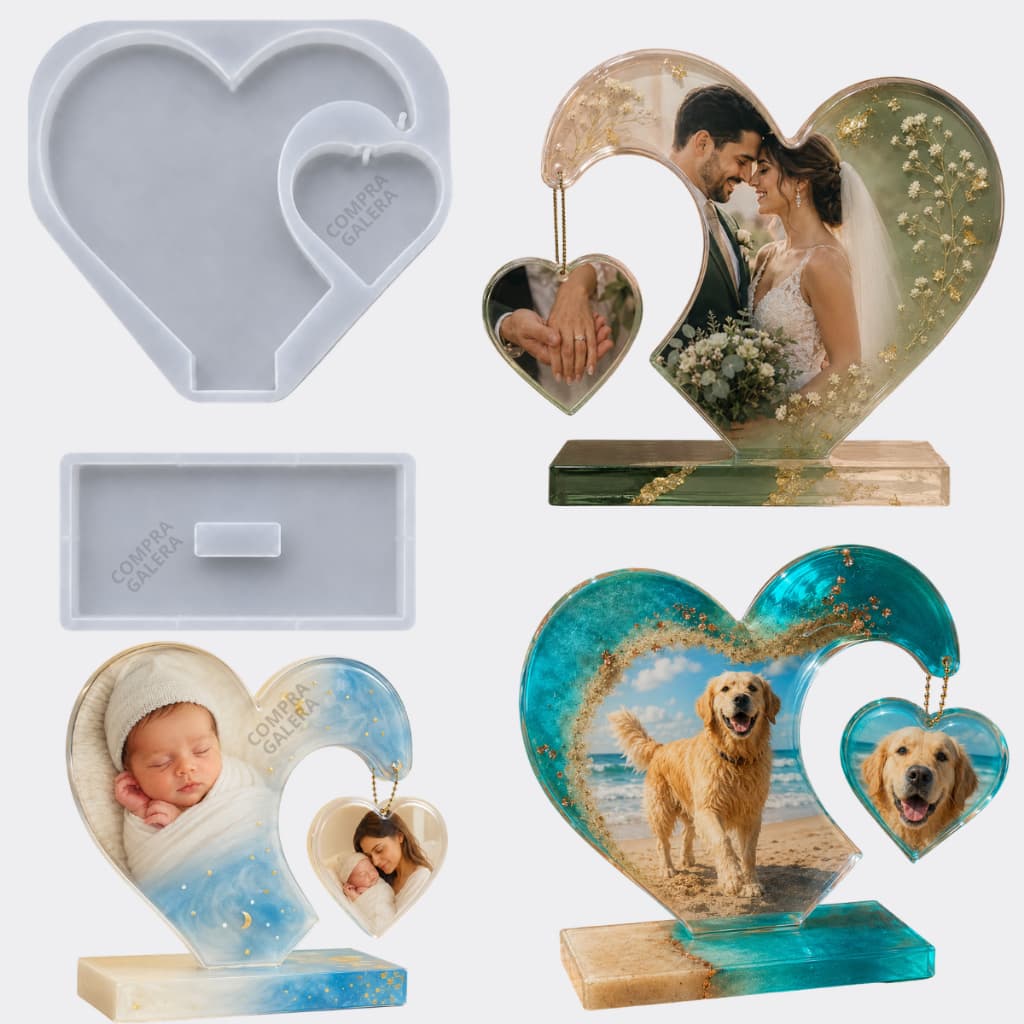 Molde de Silicone para Resina Epóxi Coração Duplo com Base Artesanato DIY