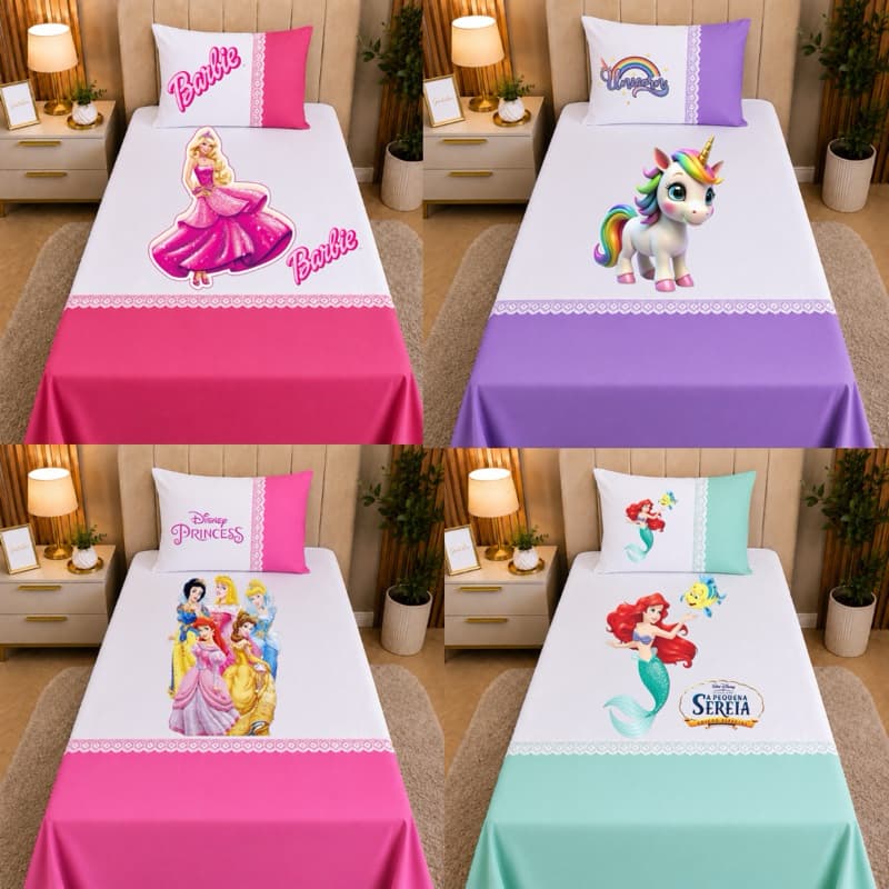 Jogo de Lençol Solteiro Infantil com Fronha Decorativa | Estampas Femininas e Fantasia | Oxford Premium