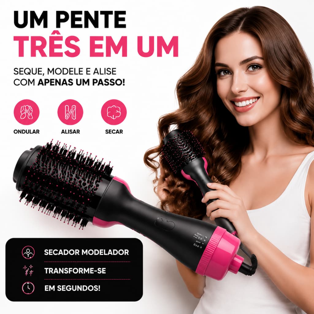 Escova Secadora 3 em 1 1000W Escova Alisadora Modeladora de Cabelo Ar Quente Anti Frizz 110V Uso Profissional
