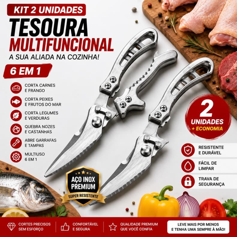 Kit 2 Tesouras Multifuncionais 6 em 1 em Aço Inox para Cozinha