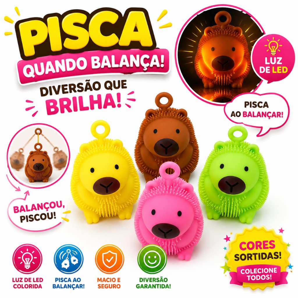 Brinquedo Sensorial Capivara Pula Pula com Luz LED que Pisca ao Balançar Antiestresse Macio Colorido Infantil