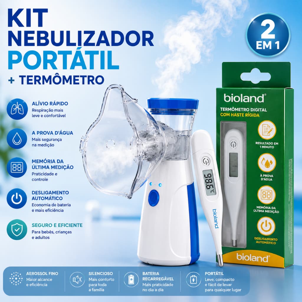 kit nebulizador inalador  portátil silencioso + termômetro digital Bioland