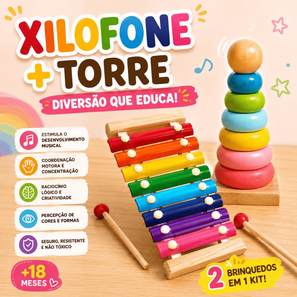 Kit Xilofone Infantil de Madeira + Torre de Empilhar 2 em 1 Brinquedo Educativo Montessori +18 Meses