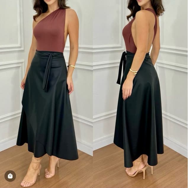 Saia Midi Envelope Feminina Couro Fake Moda Premium