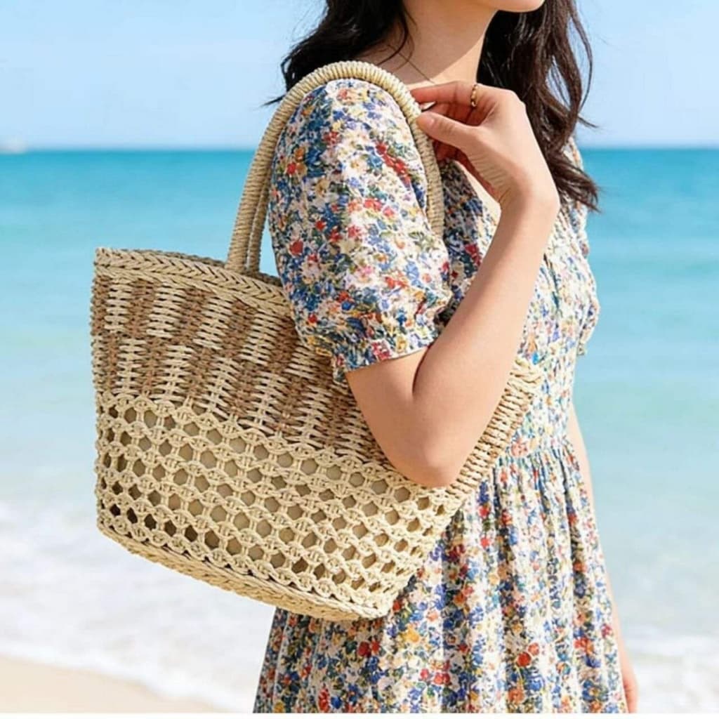 Bolsa de palha feminina grande capacidade, bolsa de nicho francesa, bolsa de tecido, verão, férias à beira-mar, bolsa de